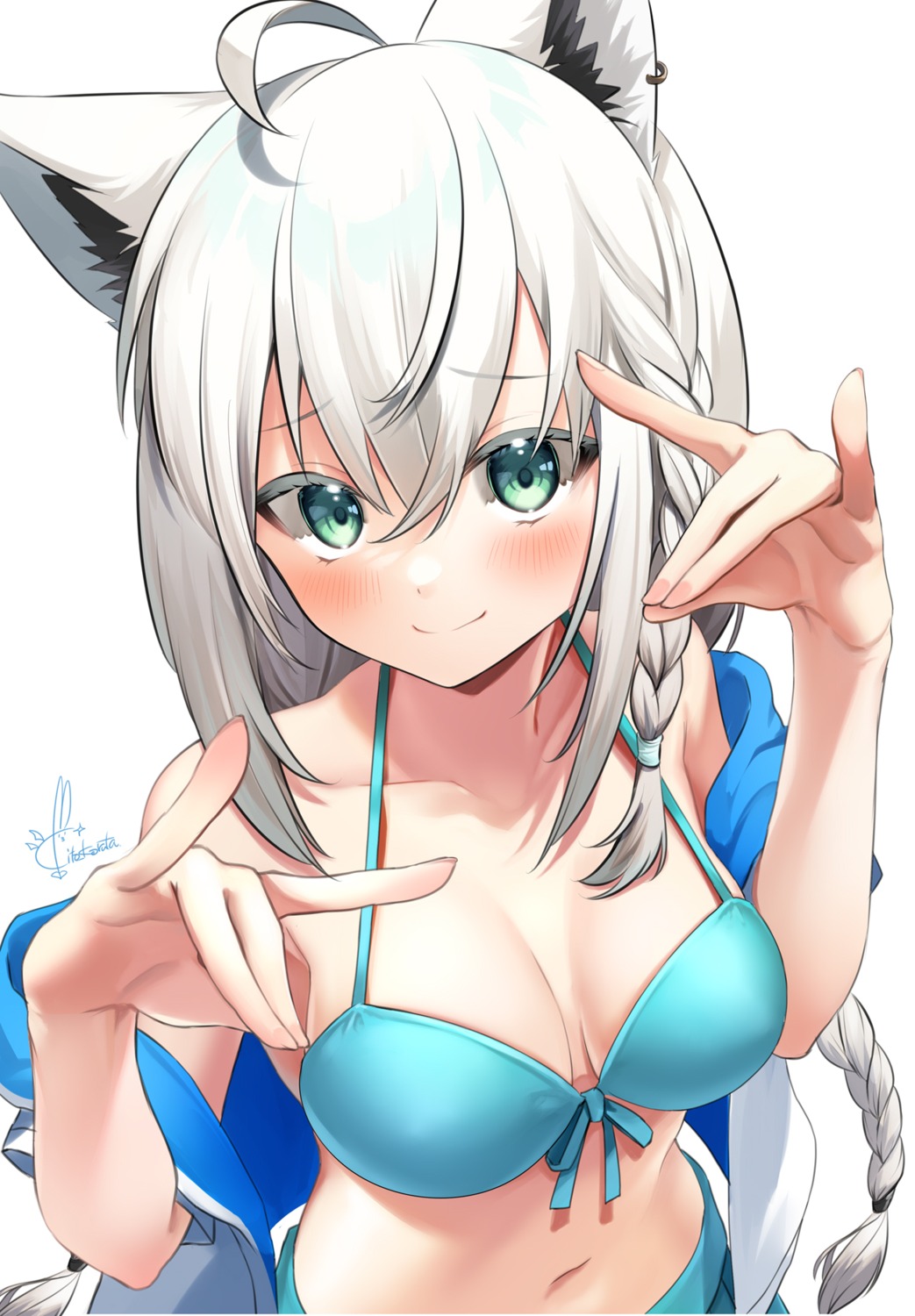 animal_ears, bikini, hololive, hololive_gamers, kito_koruta, kitsune, open_shirt, shirakami_fubuki