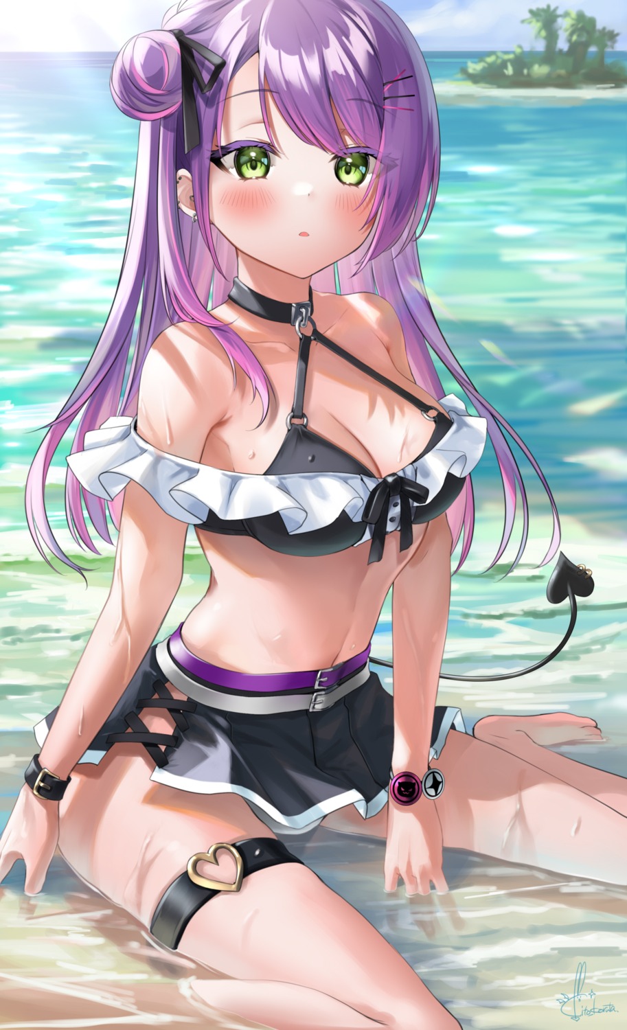 bikini, cleavage, garter, hololive, kito_koruta, swimsuits, tail, tokoyami_towa, wet