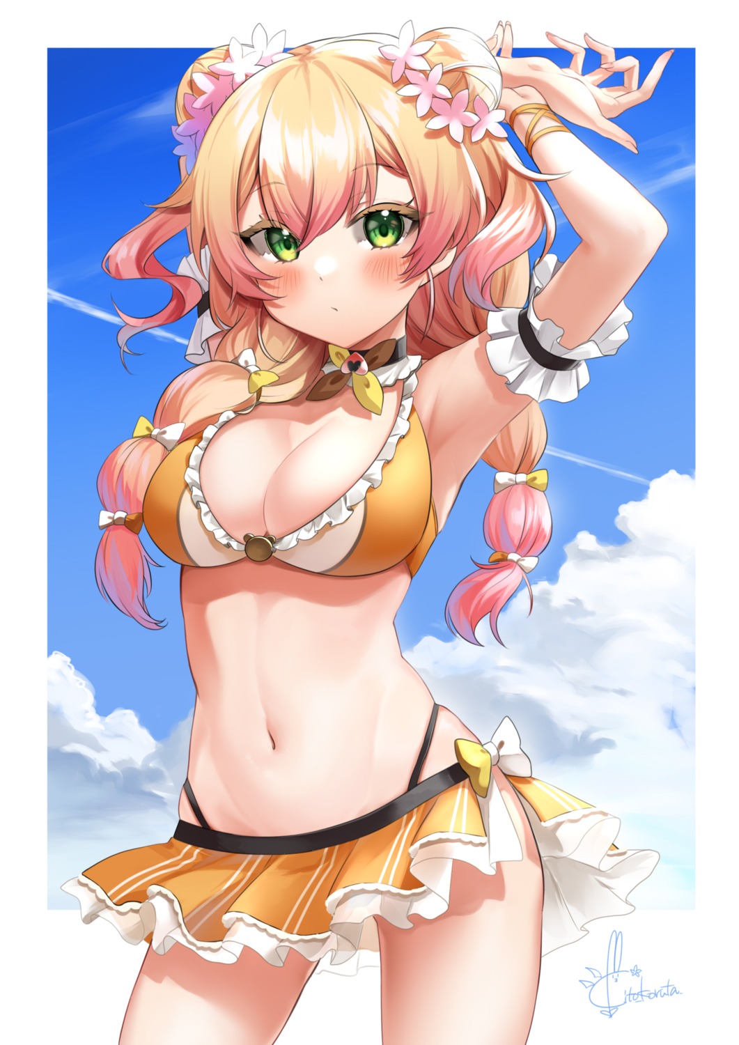 bikini, hololive, kito_koruta, momosuzu_nene, skirt_lift, swimsuits