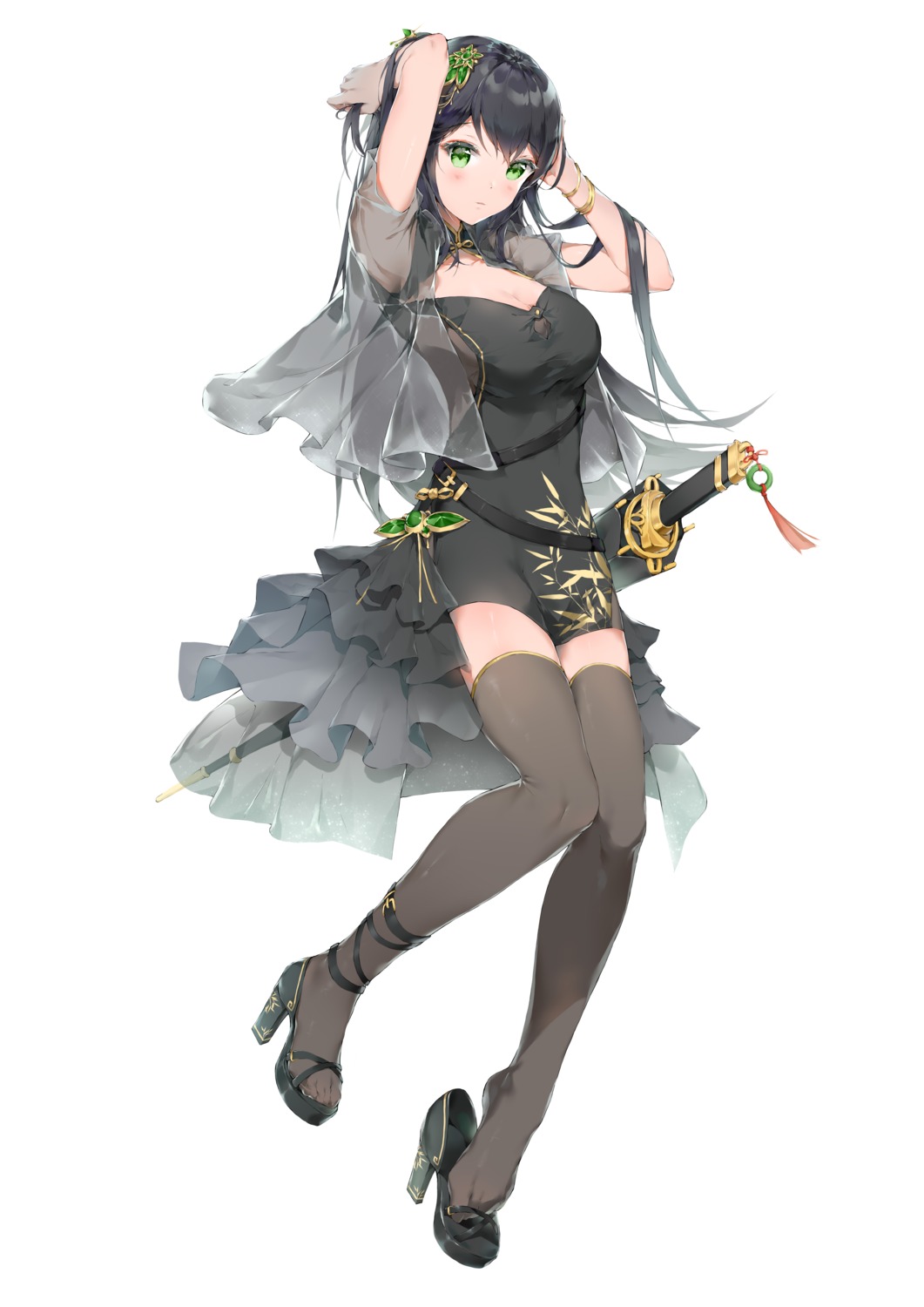 bodhi_wushushenghua, cleavage, dress, heels, see_through, sword, thighhighs
