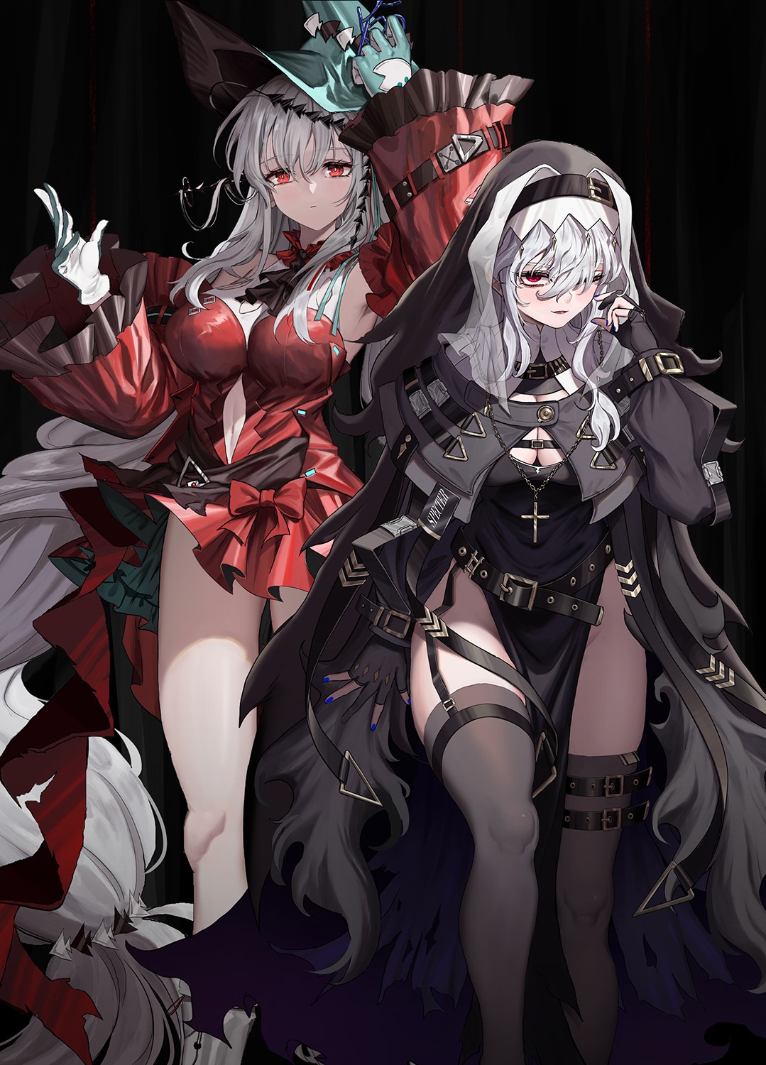 arknights, capitan_wei, cleavage, garter, nun, skadi_(arknights), specter_(arknights), stockings, thighhighs