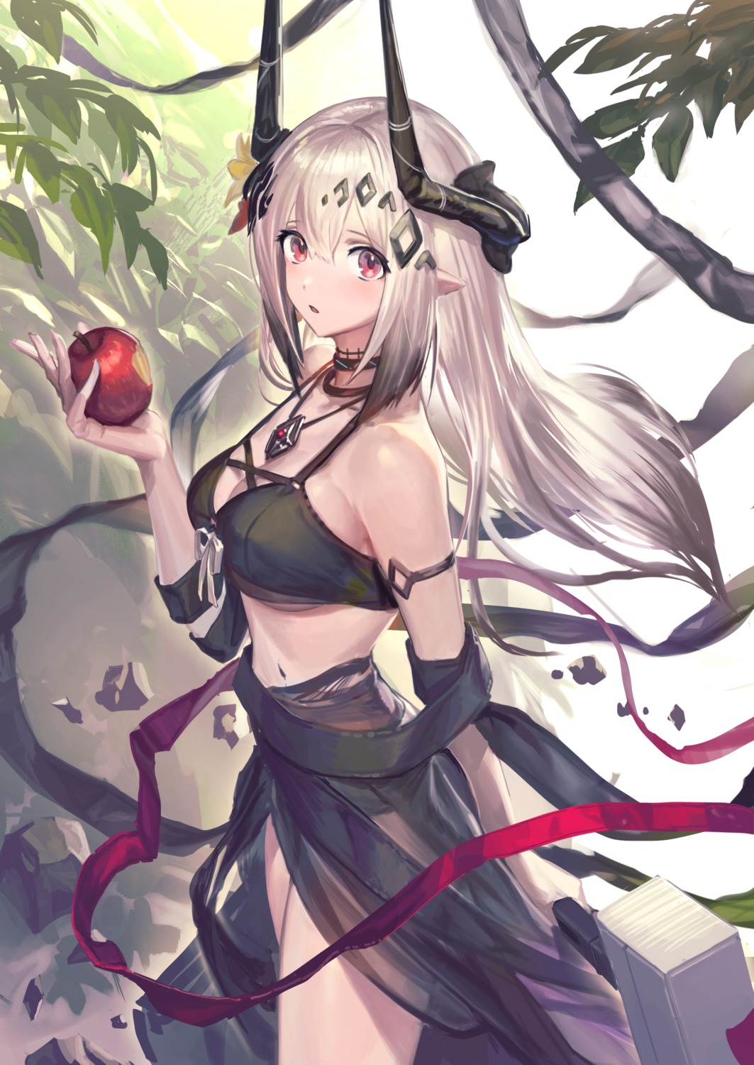 arknights, bikini_top, cleavage, gesoking, horns, mudrock_(arknights), pointy_ears, see_through