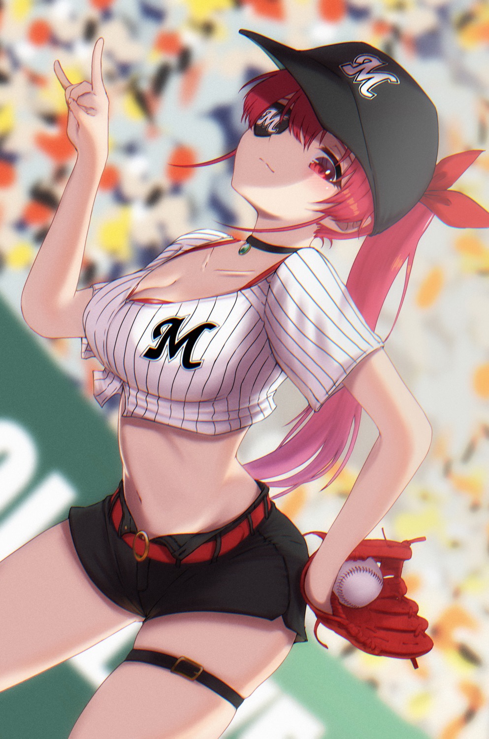 baseball, cleavage, eyepatch, garter, hololive, houshou_marine, shooot108, uniform