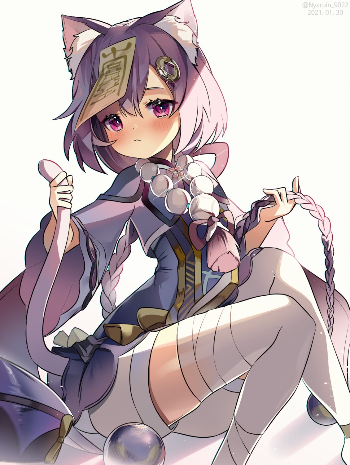 animal_ears, asian_clothes, bandages, genshin_impact, nekomimi, nyaruin, qiqi, tail