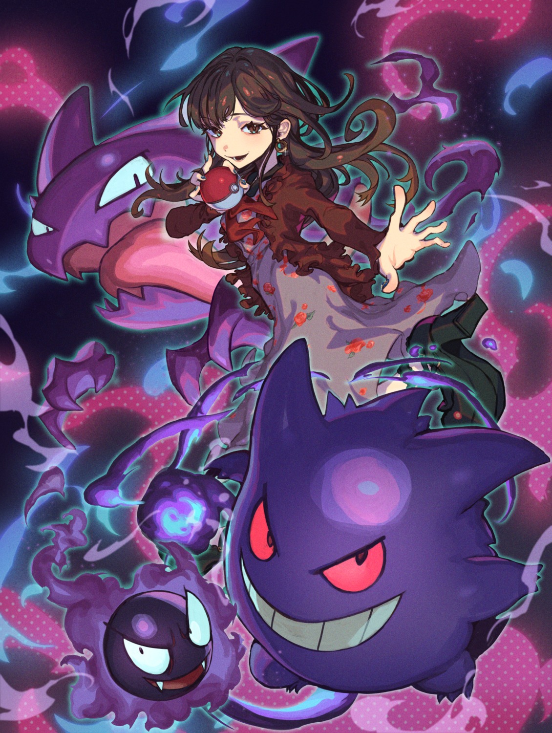 dress, gastly, gengar, haunter, heels, nijimaarc, pokemon, skirt_lift