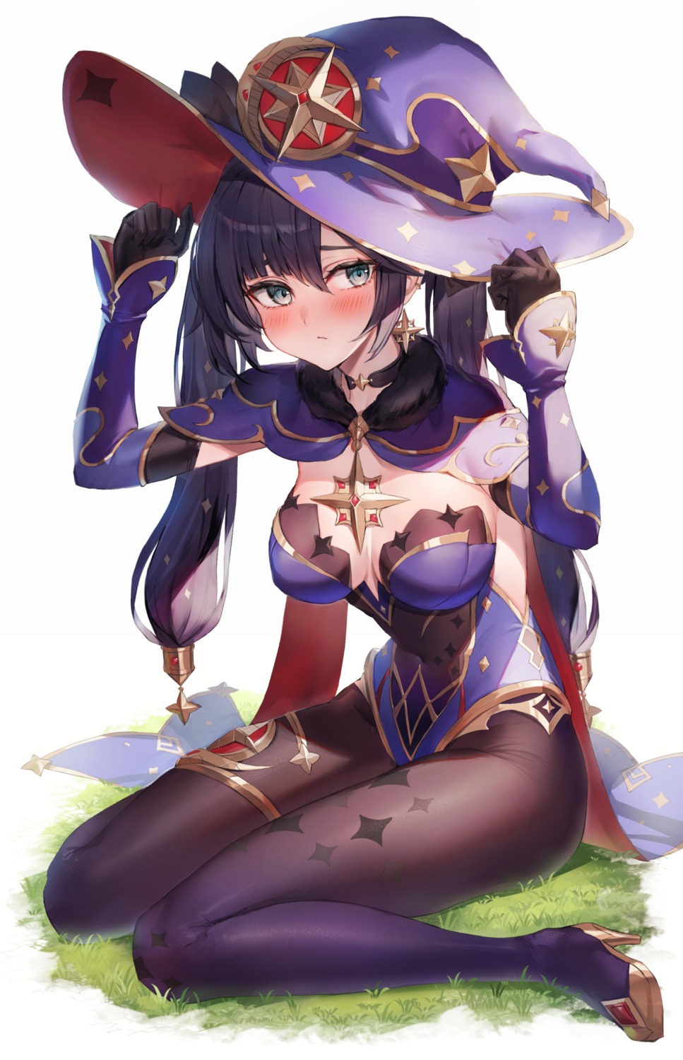 garter, genshin_impact, heels, leotard, mona_megistus, no_bra, pantyhose, watao