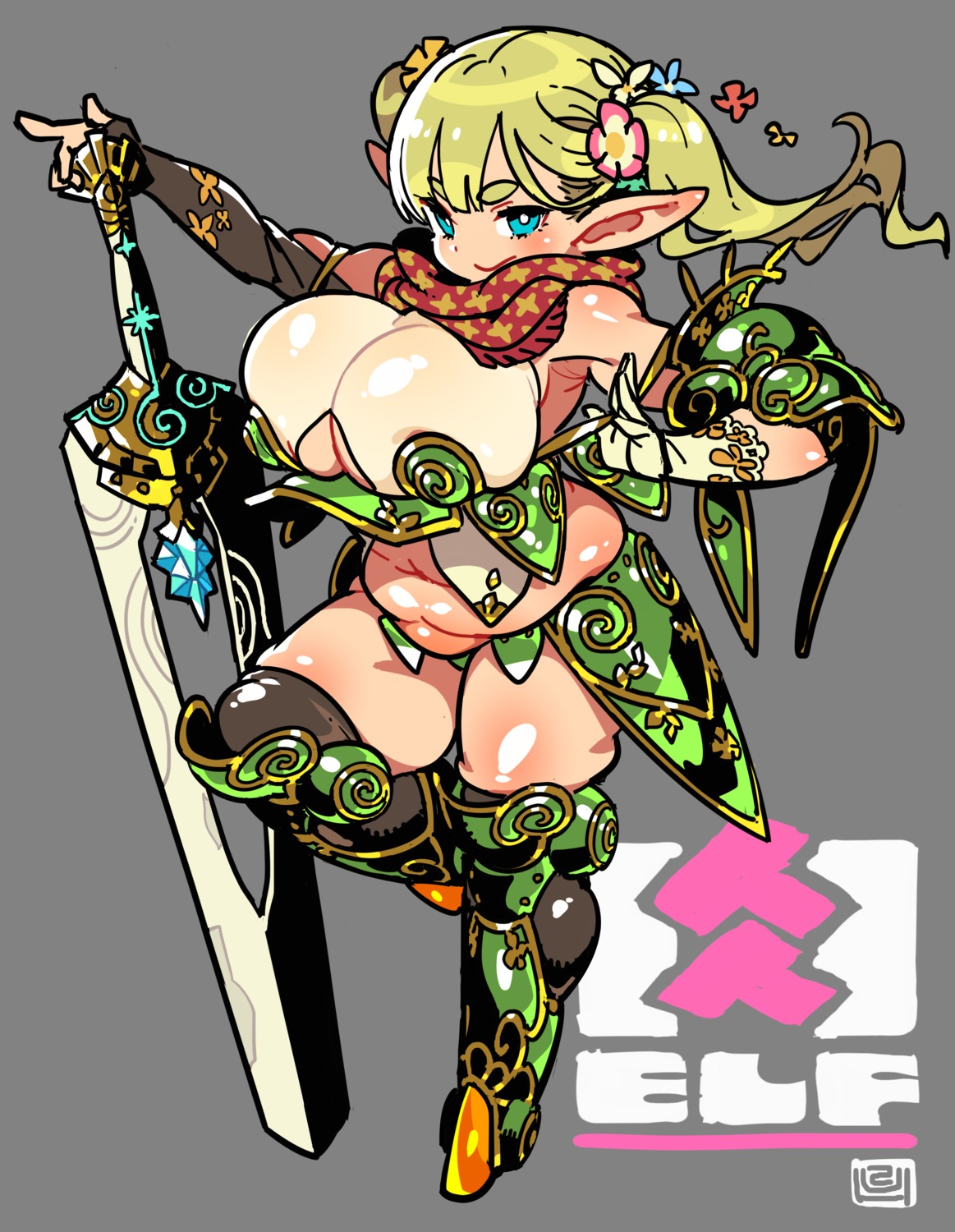 armor, bikini_armor, cleavage, elf, himukai_yuuji, pointy_ears, sword, thighhighs