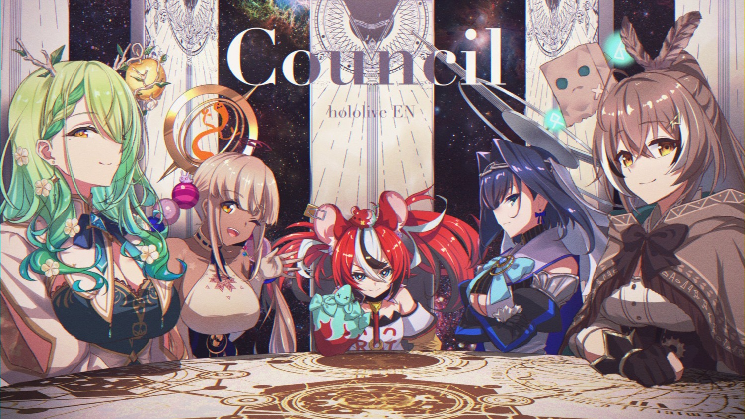 animal_ears, ceres_fauna, cleavage, hakos_baelz, hololive, hololive_english, horns, nanashi_mumei, no_bra, ouro_kronii, tsukumo_sana, weizen029