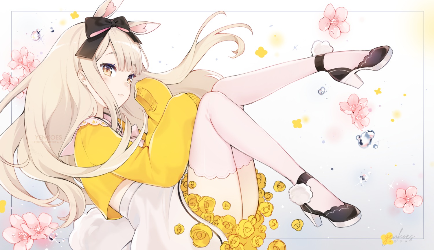 animal_ears, bunny_ears, heels, indie_virtual_youtuber, skirt_lift, sweater, tail, thighhighs