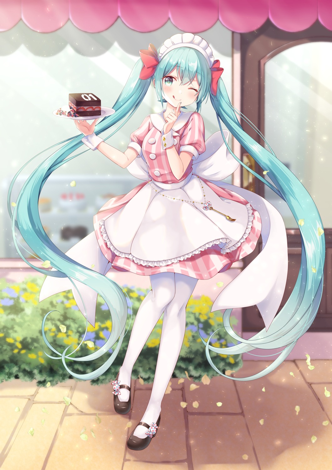 gomano_rio, hatsune_miku, maid, pantyhose, skirt_lift, vocaloid, waitress