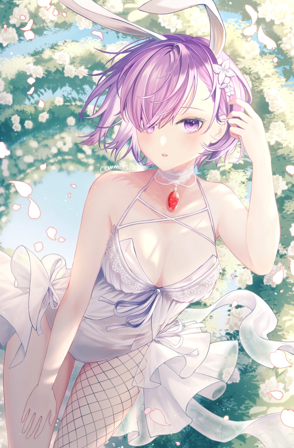 animal_ears, bunny_ears, bunny_girl, fate/grand_order, fishnets, mash_kyrielight, no_bra, tobi_(pixiv41237754)