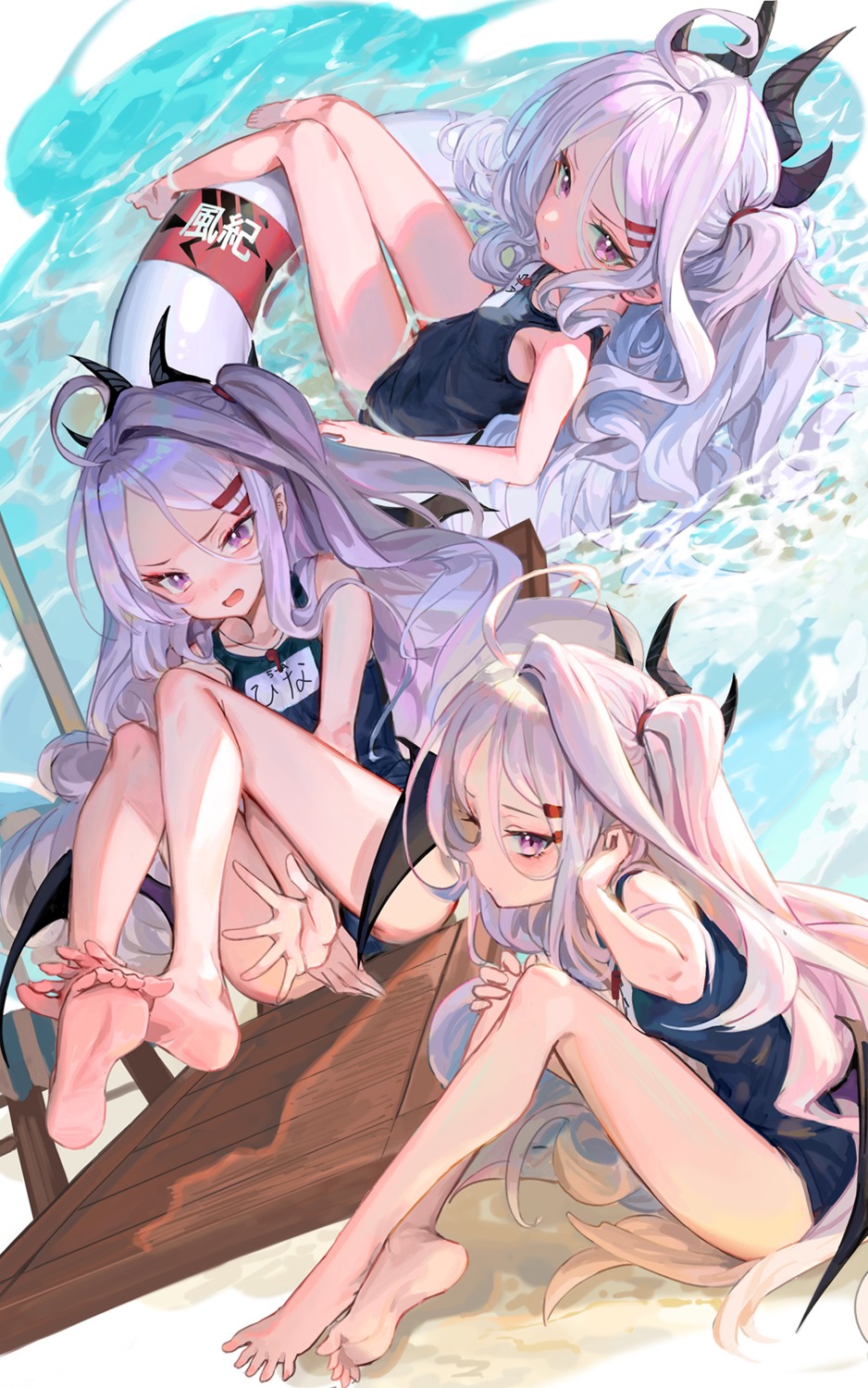 blue_archive, devil, ecien, feet, horns, pointy_ears, school_swimsuit, sorasaki_hina, swimsuits, wet, wings