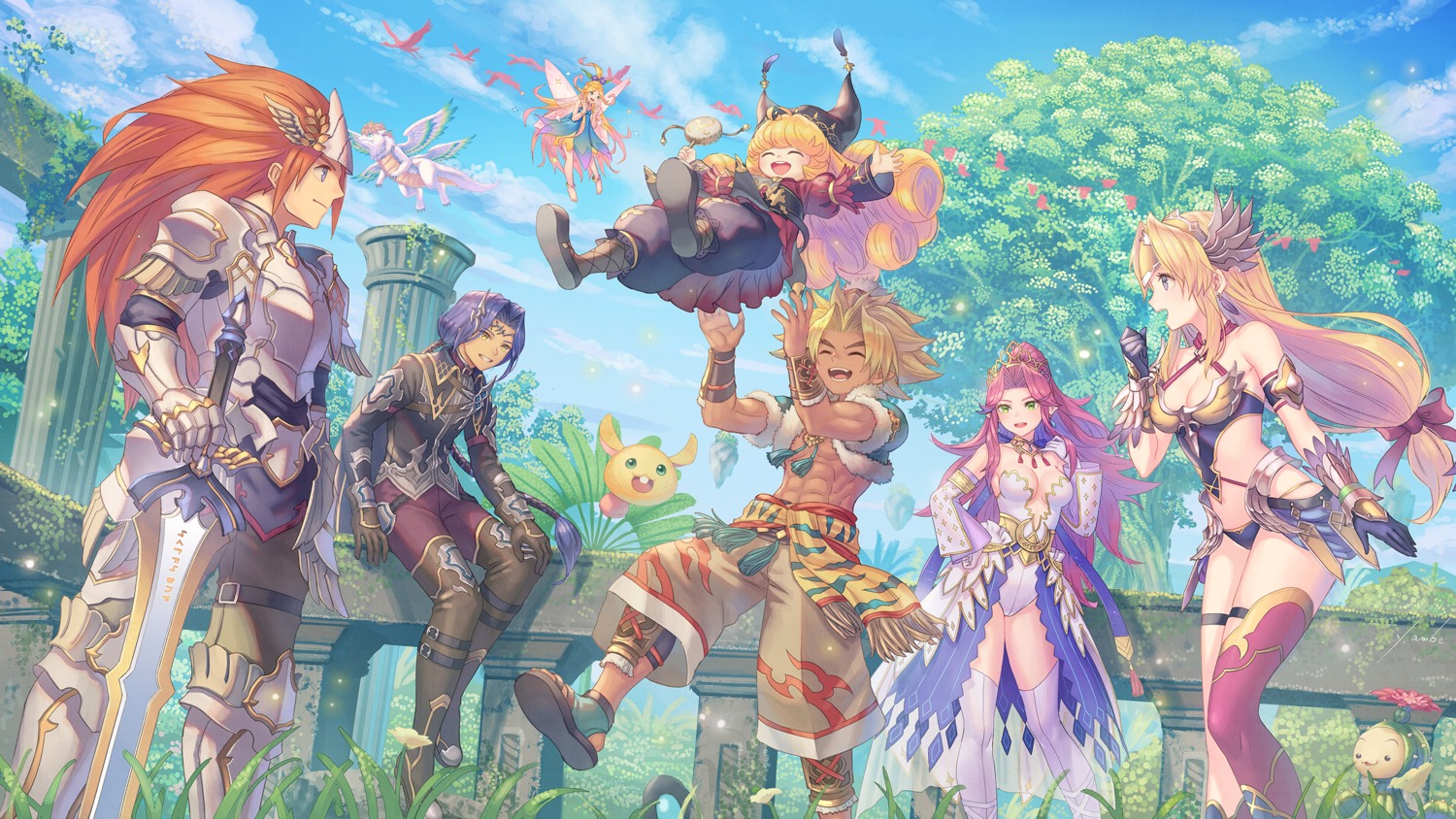 anbe_yoshirou, angela_(seiken_densetsu_3), armor, bikini_armor, charlotte_(seiken_densetsu_3), duran_(seiken_densetsu_3), garter, hawkeye_(seiken_densetsu_3)