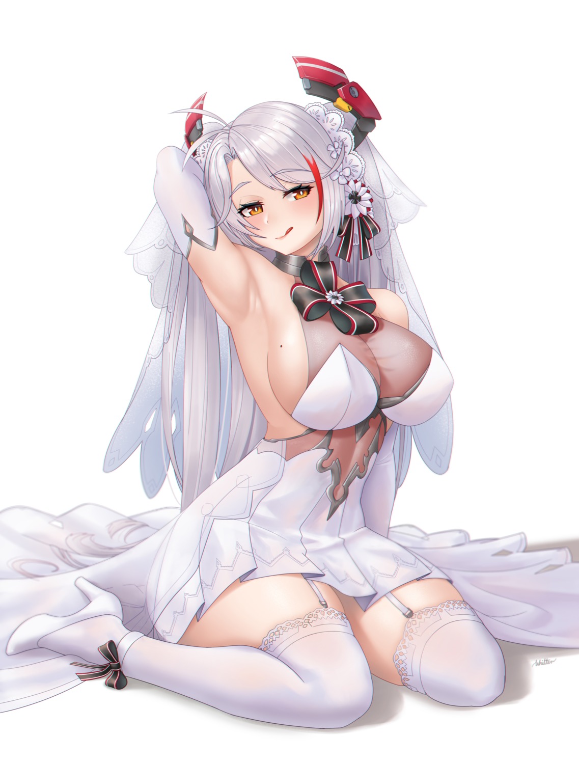 azur_lane, dress, heels, no_bra, prinz_eugen_(azur_lane), see_through, stockings, thighhighs, wedding_dress, whitter