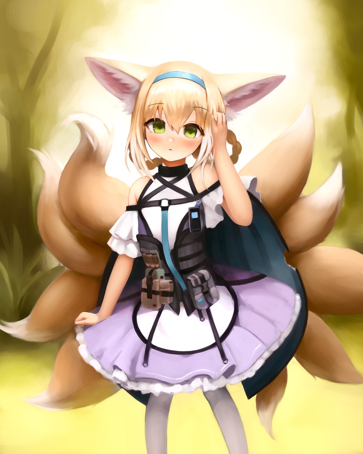 animal_ears, arknights, crumbles, dress, kitsune, skirt_lift, suzuran_(arknights), tail