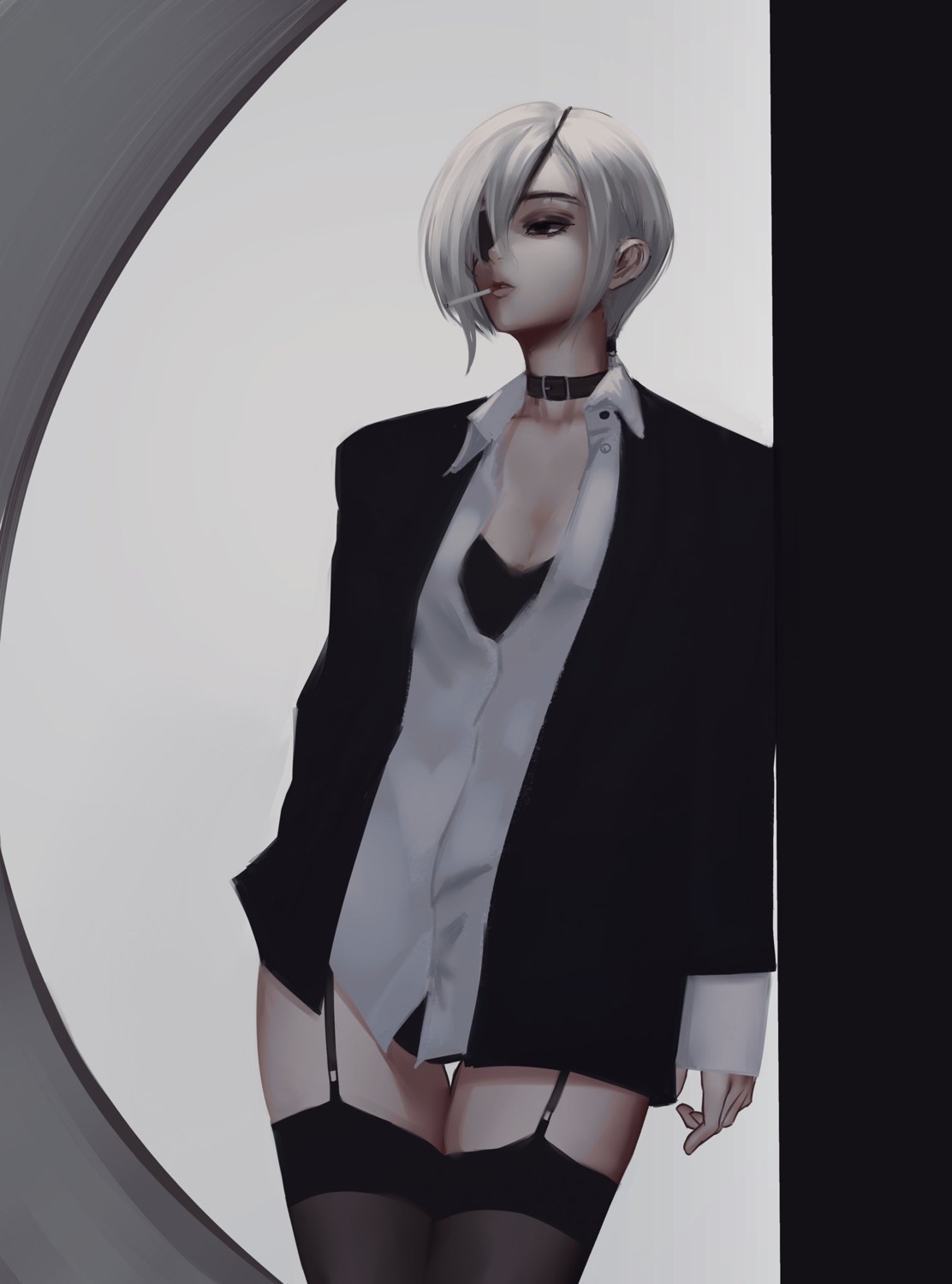 chainsaw_man, cleavage, eyepatch, garter, pantsu, quanxi_(chainsaw_man), smoking, stockings