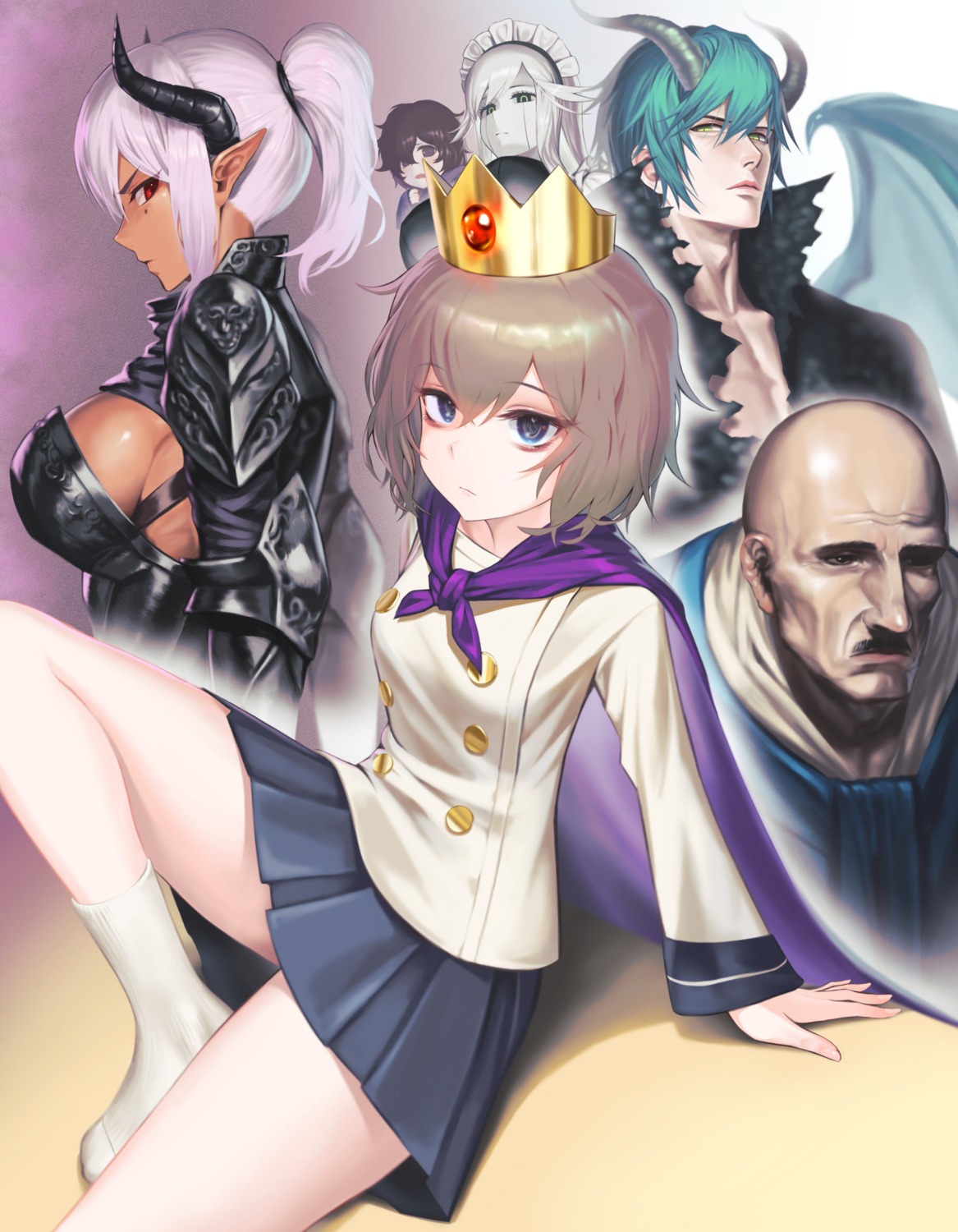 armor, horns, maid, pointy_ears, pump_(iklee321), seifuku, skirt_lift