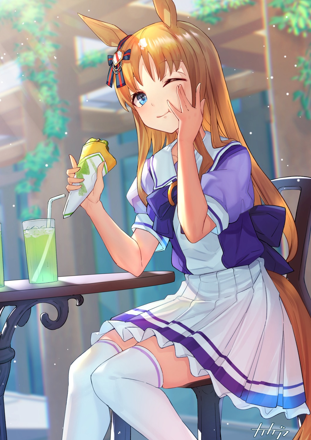 animal_ears, arpeggio_kaga, grass_wonder_(umamusume), seifuku, skirt_lift, tail, thighhighs, uma_musume_pretty_derby