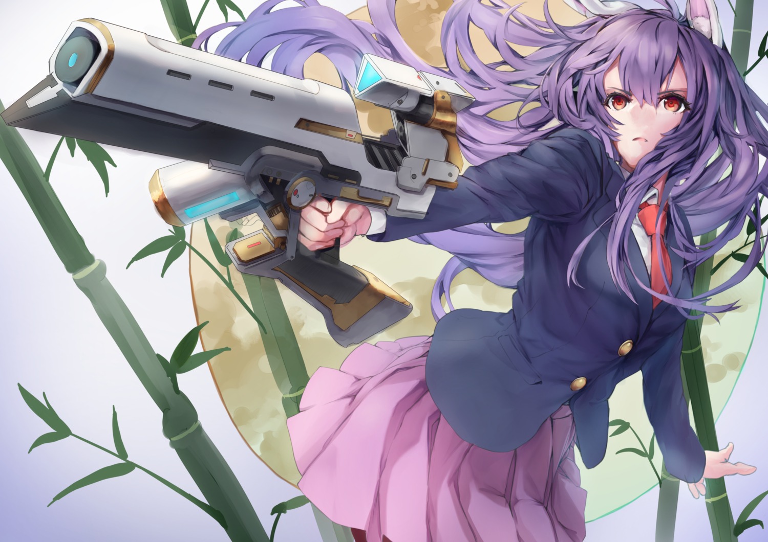 animal_ears, asllapistone, bunny_ears, gun, reisen_udongein_inaba, seifuku, skirt_lift, touhou