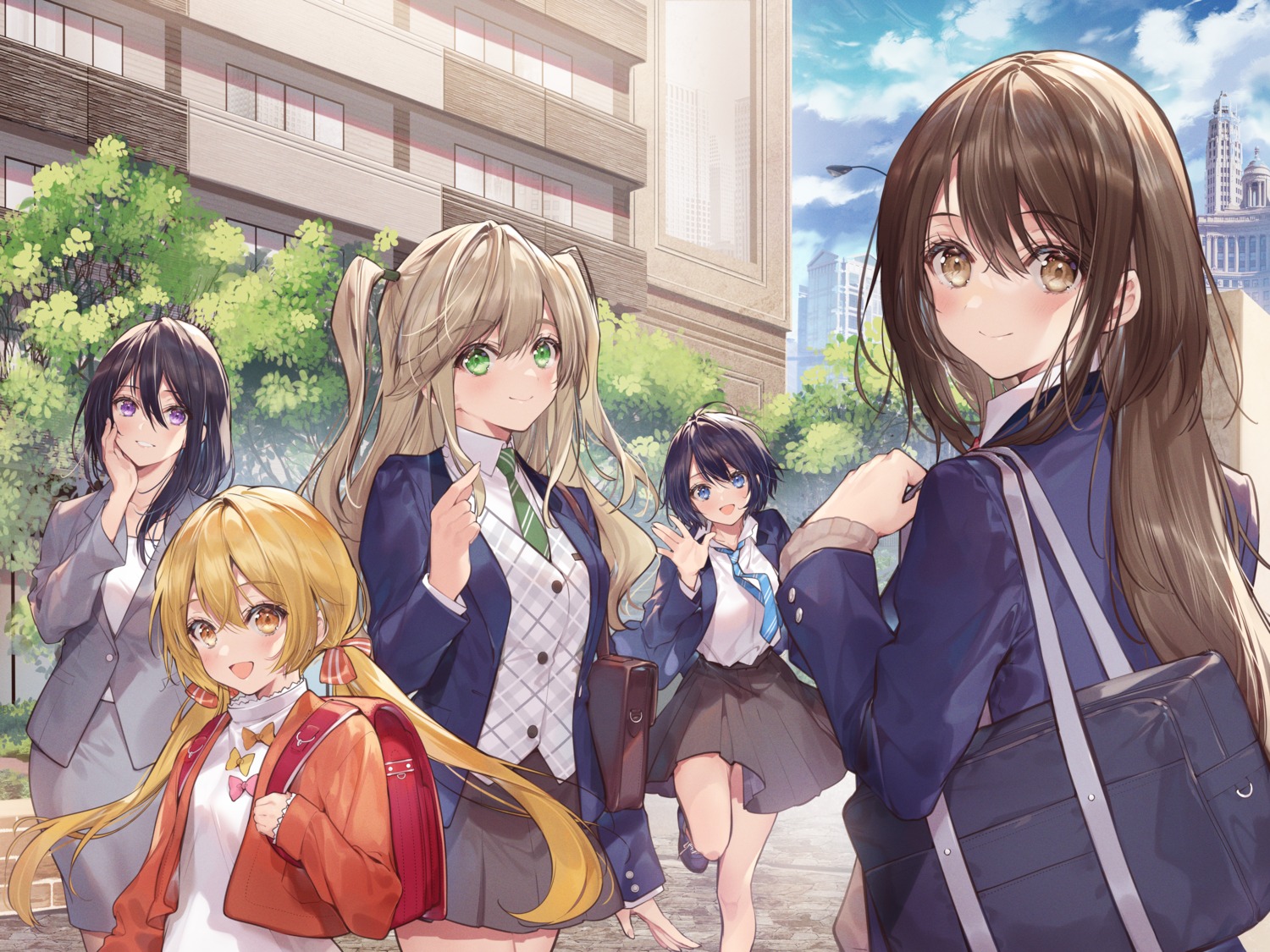 business_suit, donna_pajama_ga_suki_desuka?, ichinose_anzu, itsuki_natalie, mitsuishi_sakura, necomi, niho_kaname, seifuku, skirt_lift, yotsuya_tamaki