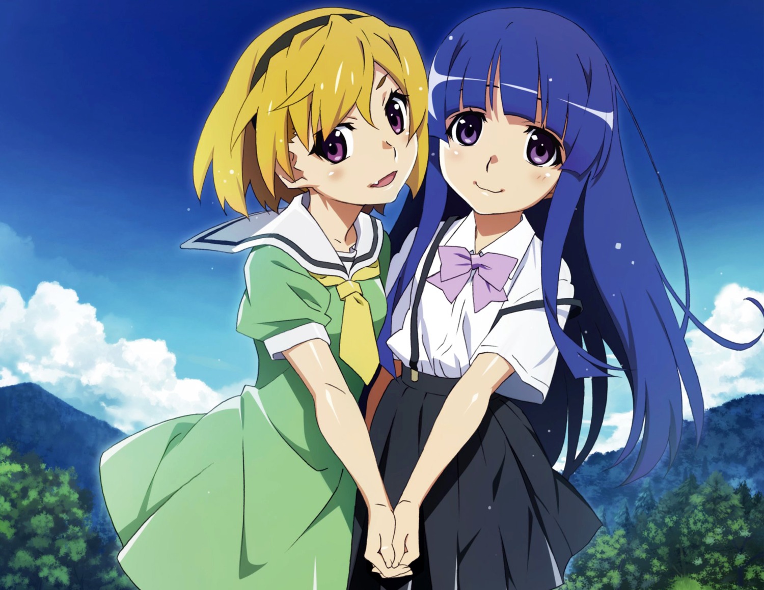 furude_rika, higurashi_no_naku_koro_ni, houjou_satoko, seifuku, skirt_lift, tagme