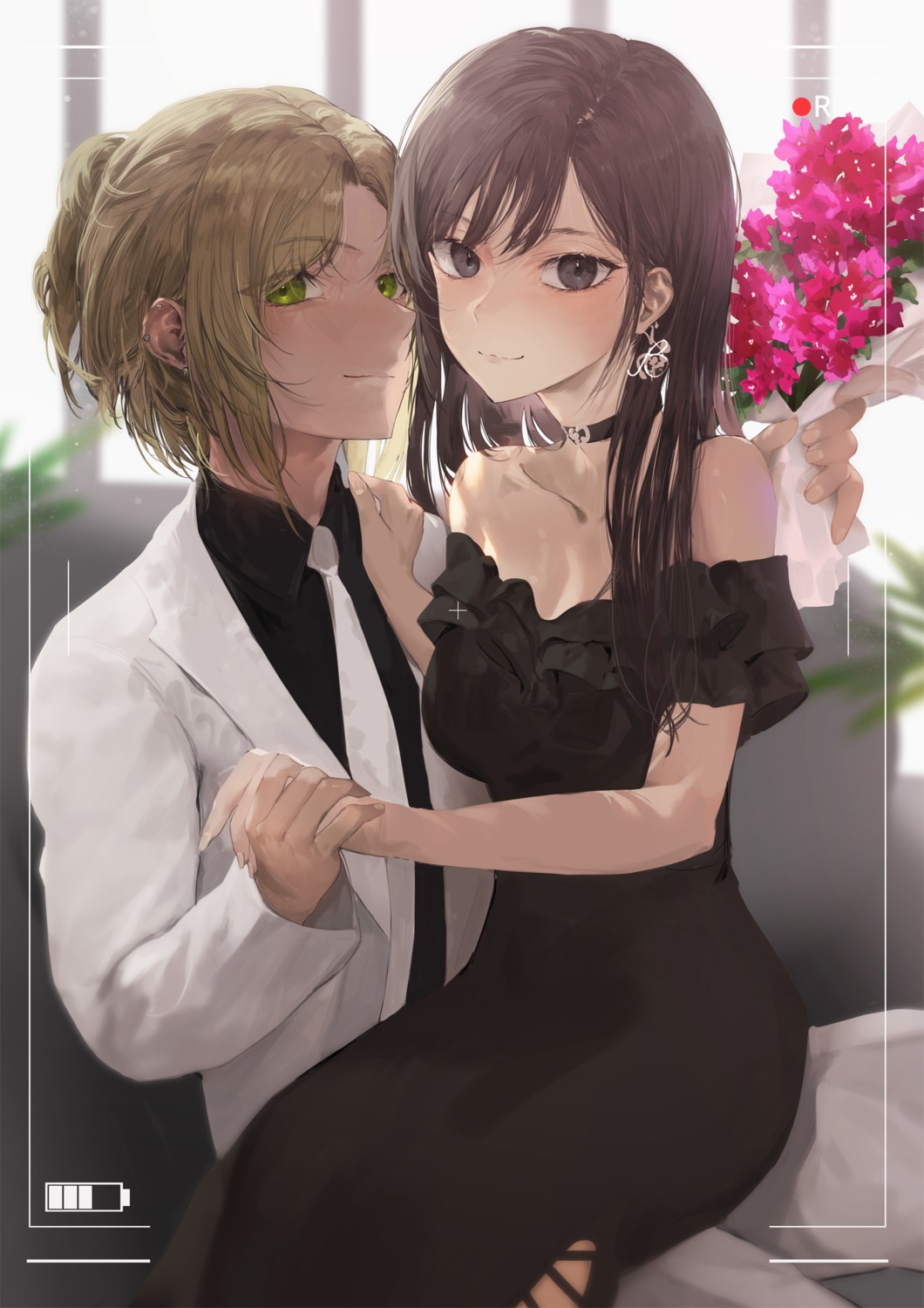 bangosu, business_suit, cleavage, crossdress, dress, no_bra, yuri