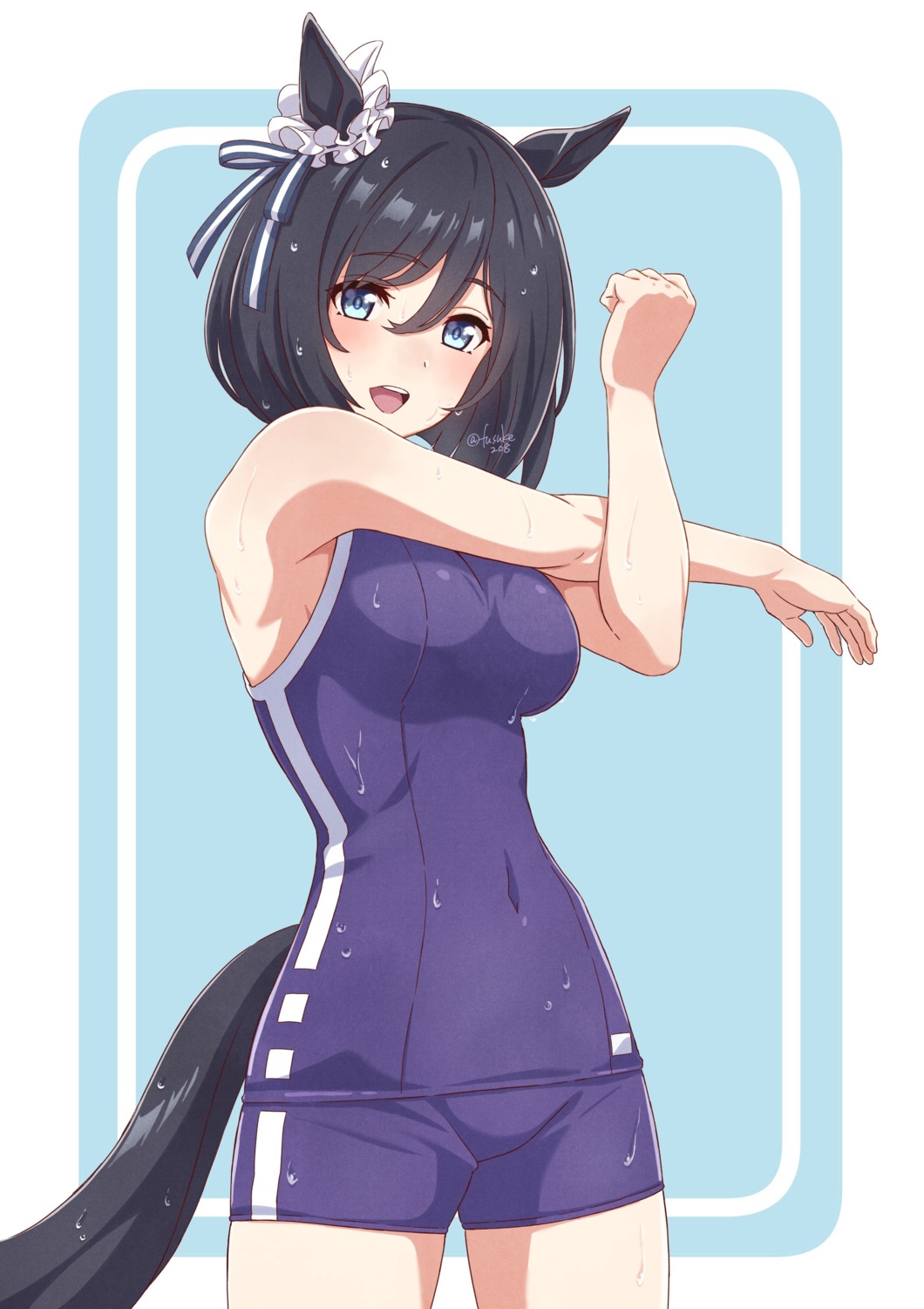 animal_ears, eishin_flash_(umamusume), fuusuke_(fusuke208), school_swimsuit, swimsuits, tail, uma_musume_pretty_derby, wet