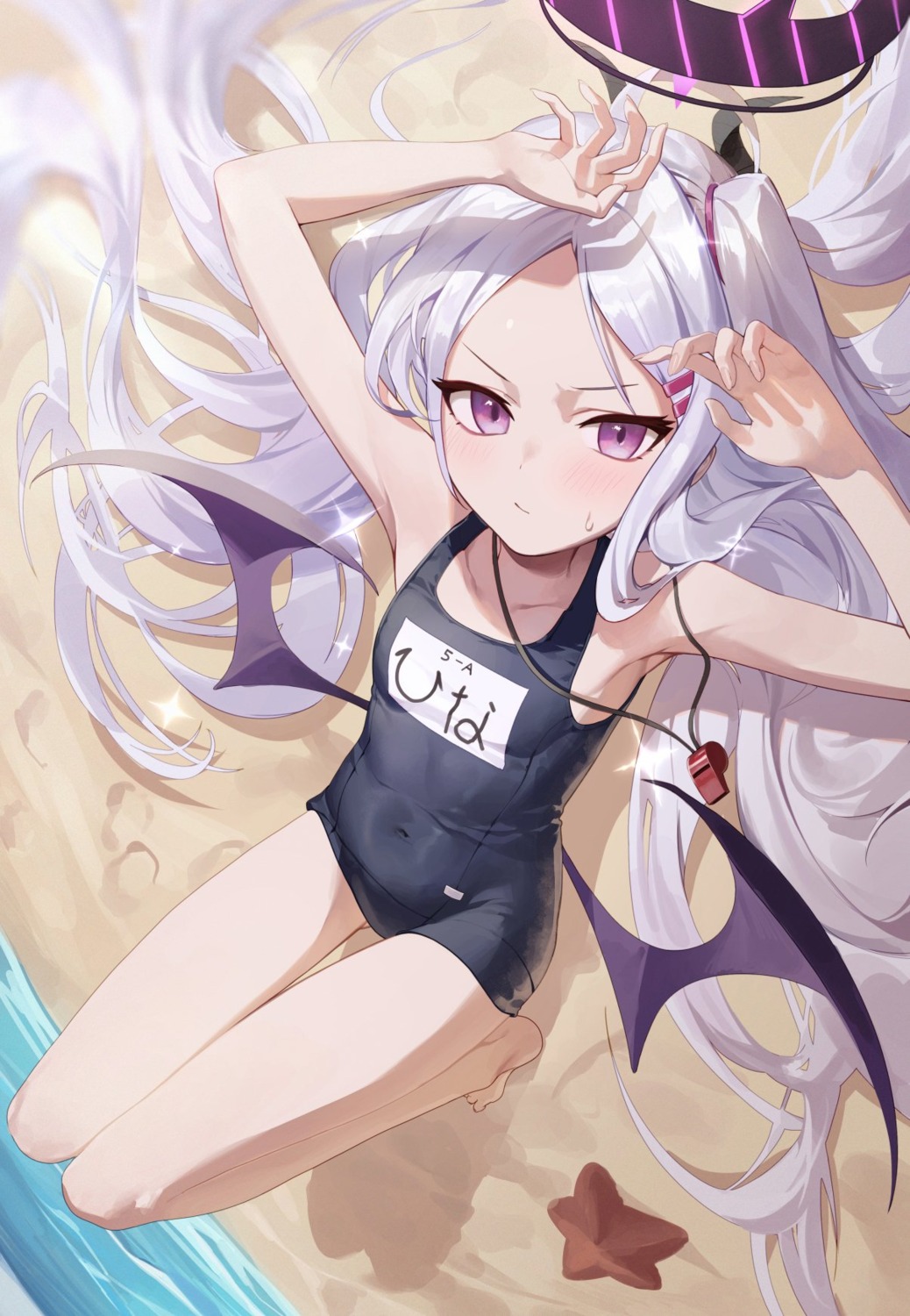 blue_archive, devil, halo, horns, sb_lama, school_swimsuit, sorasaki_hina, swimsuits