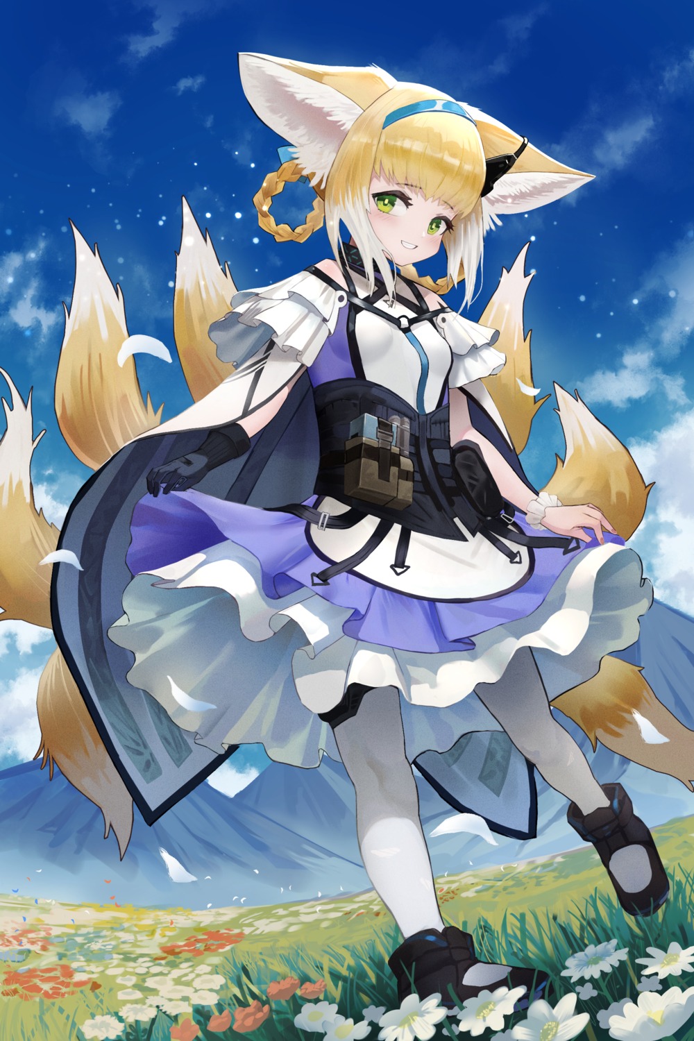 animal_ears, arknights, bannnouyakunta, kitsune, skirt_lift, suzuran_(arknights), tail