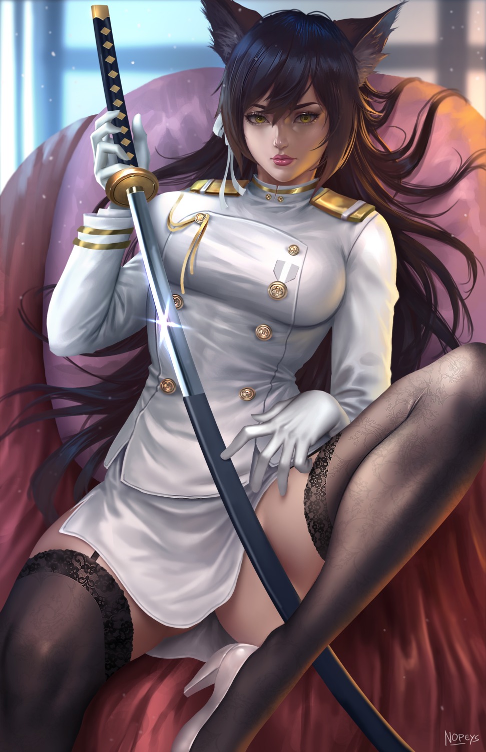 animal_ears, atago_(azur_lane), azur_lane, heels, nopeys, skirt_lift, stockings, sword, thighhighs, uniform