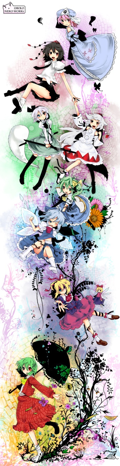 cirno, daiyousei, ideolo, inubashiri_momiji, kazami_yuuka, konpaku_youmu, medicine_melancholy, myon, nanami_(artist), plant, saigyouji_yuyuko, shameimaru_aya, su-san, touhou