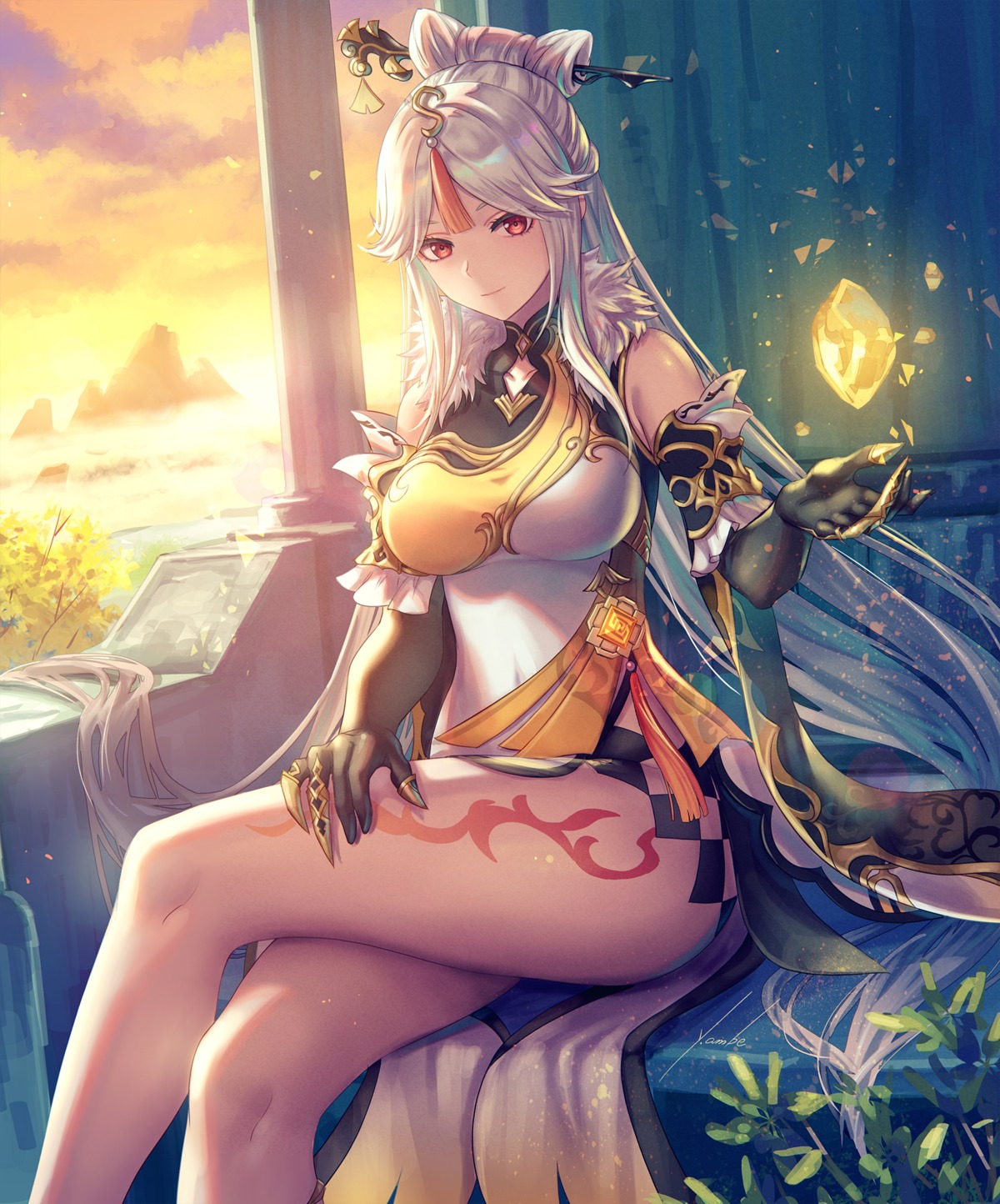 ambe_yoshiro, asian_clothes, genshin_impact, ningguang, tattoo