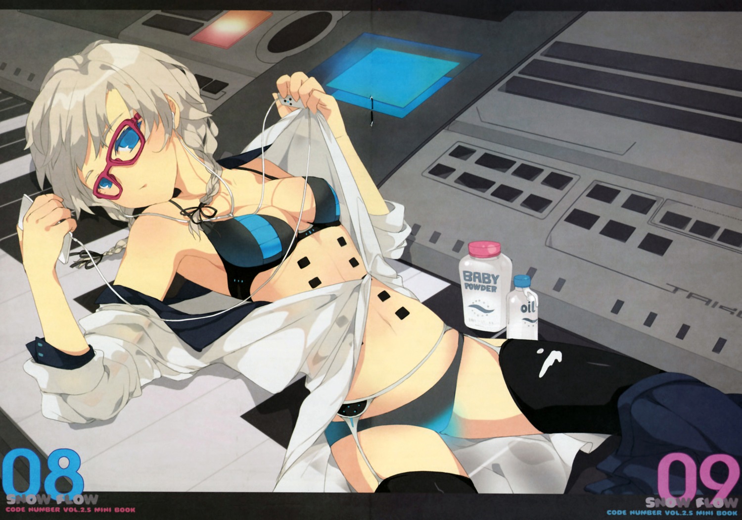 bra, cleavage, crease, garter_belt, megane, open_shirt, pantsu, stockings