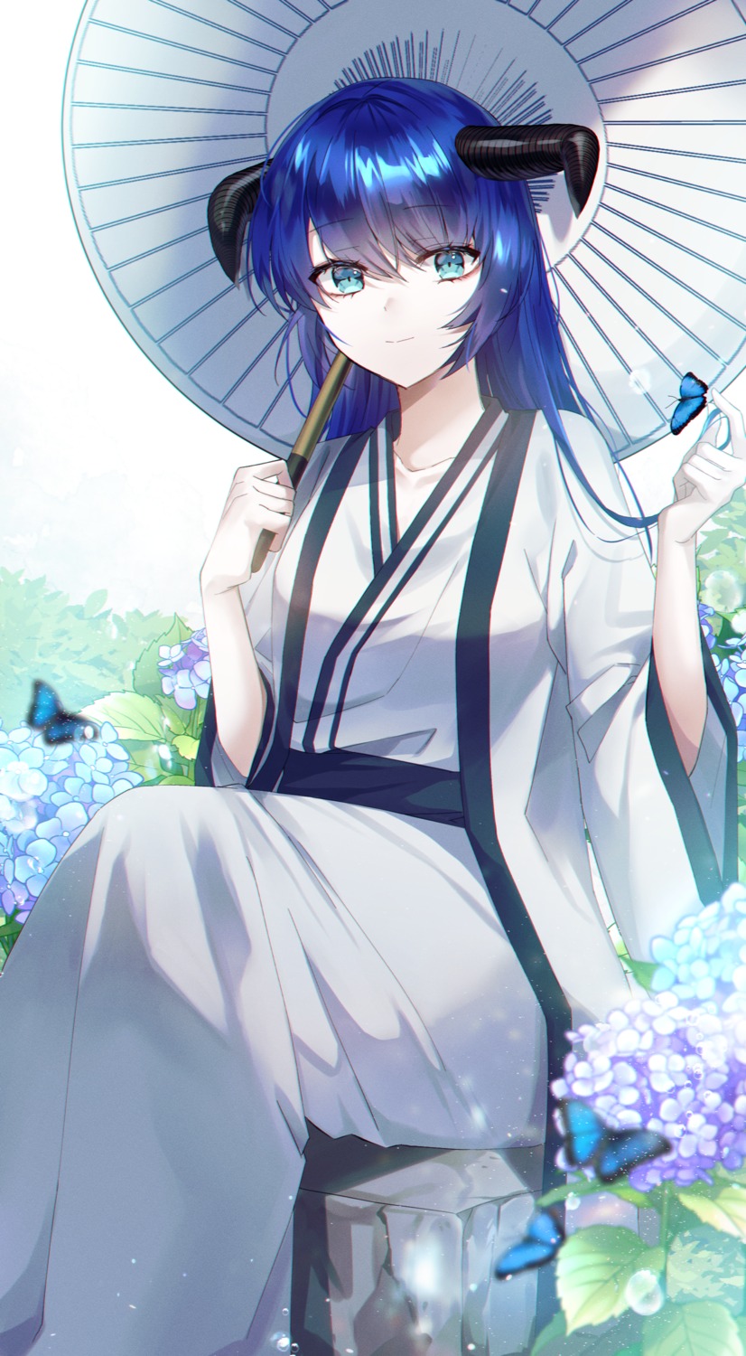 arknights, horns, mostima_(arknights), poho, umbrella, yukata