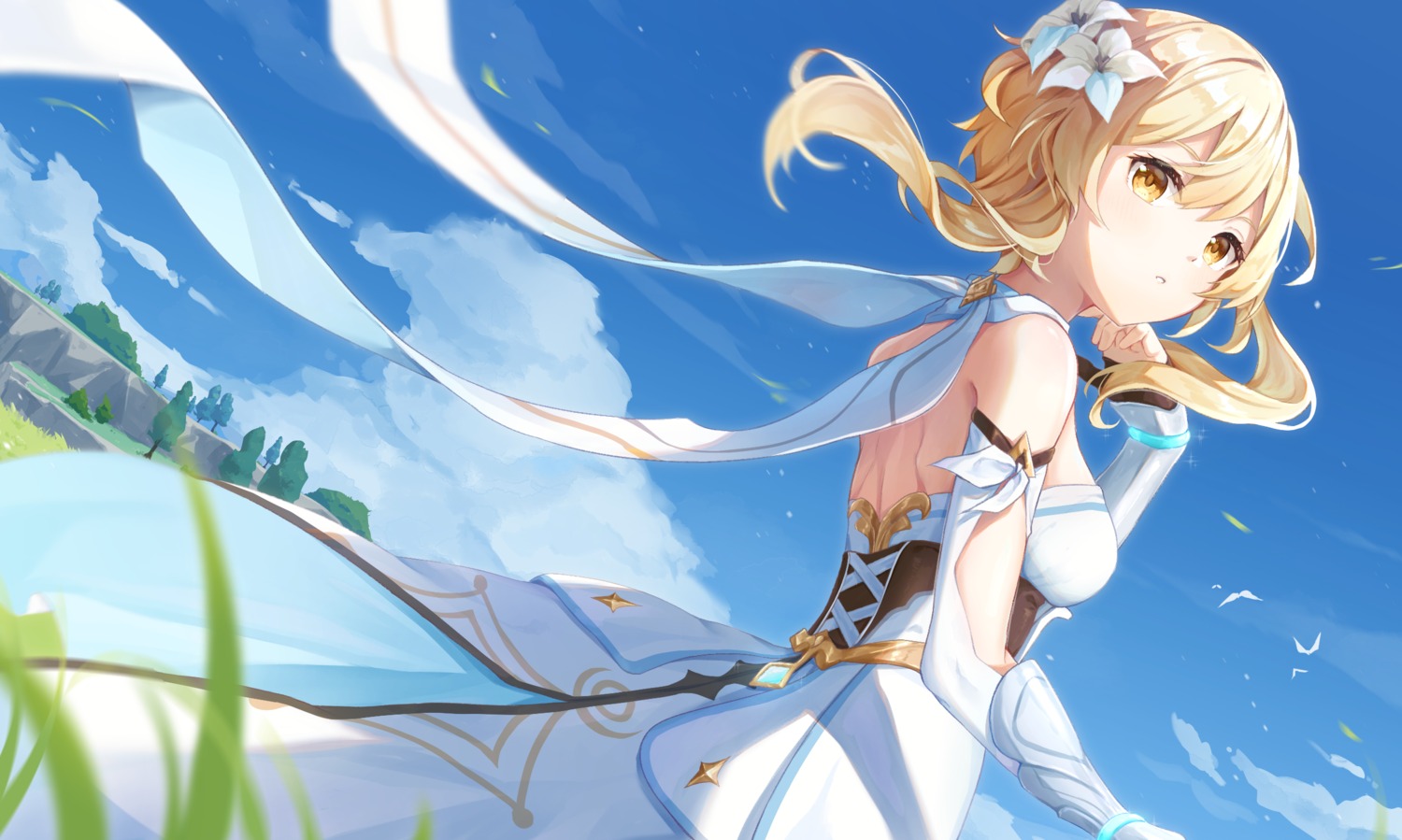 dress, genshin_impact, koki_(latte1023), lumine, no_bra
