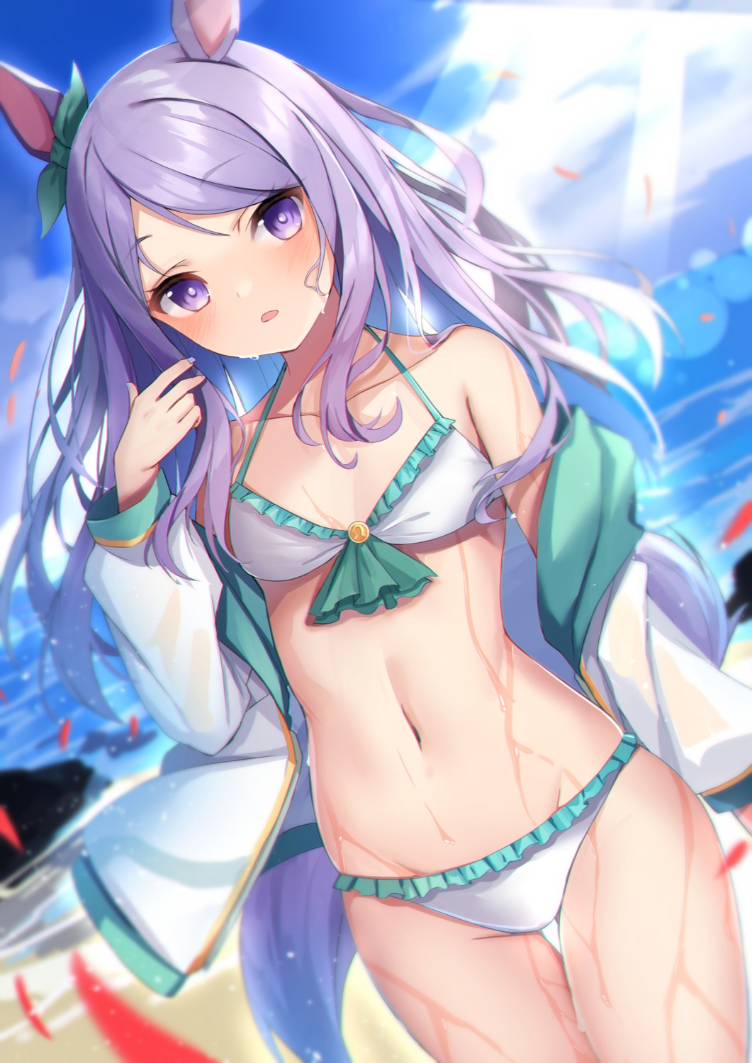 amahara_pekozaemon, animal_ears, bikini, mejiro_mcqueen_(umamusume), open_shirt, swimsuits, tail, uma_musume_pretty_derby