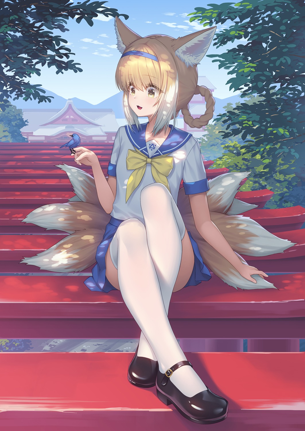 animal_ears, arknights, athrun1120, kitsune, seifuku, skirt_lift, suzuran_(arknights), tail