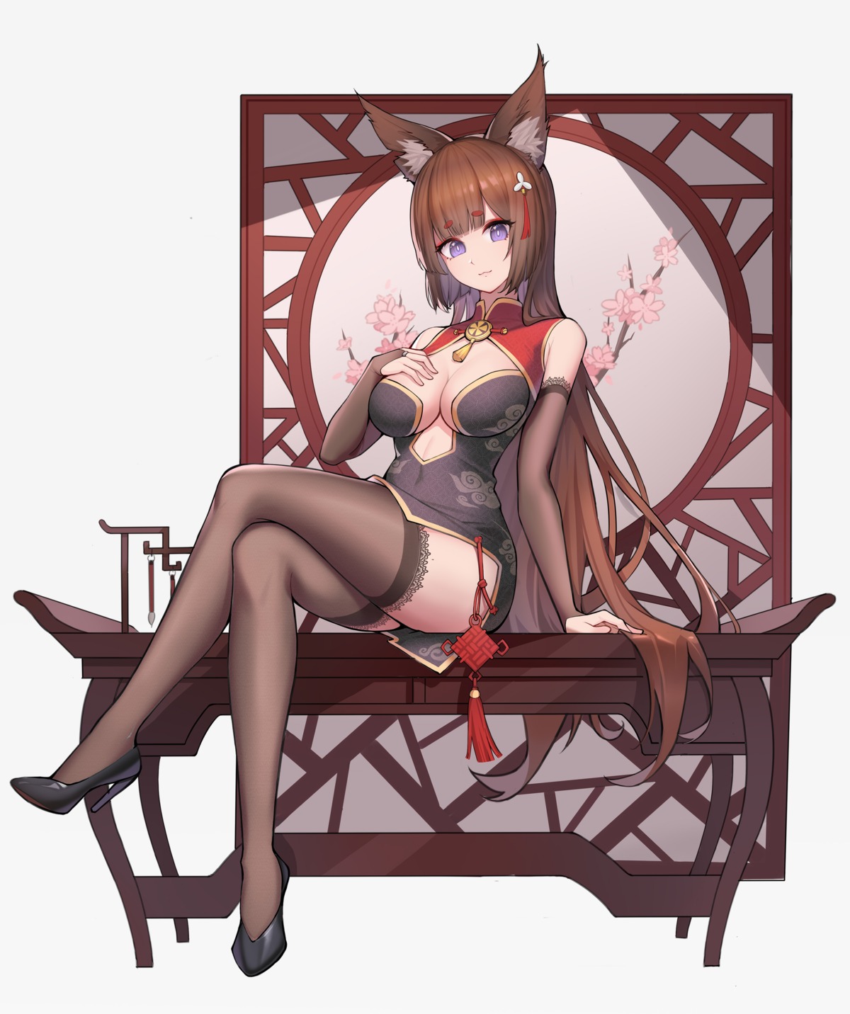amagi_(azur_lane), animal_ears, azur_lane, chinadress, chun_zhuan, heels, kitsune, no_bra, skirt_lift, thighhighs