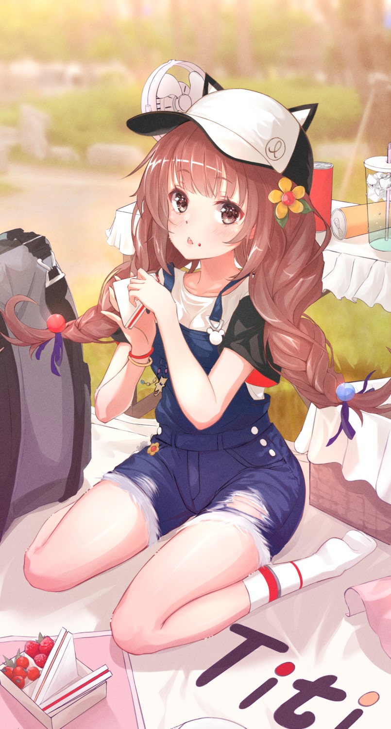 animal_ears, cream, eunip, nekomimi, overalls, torn_clothes