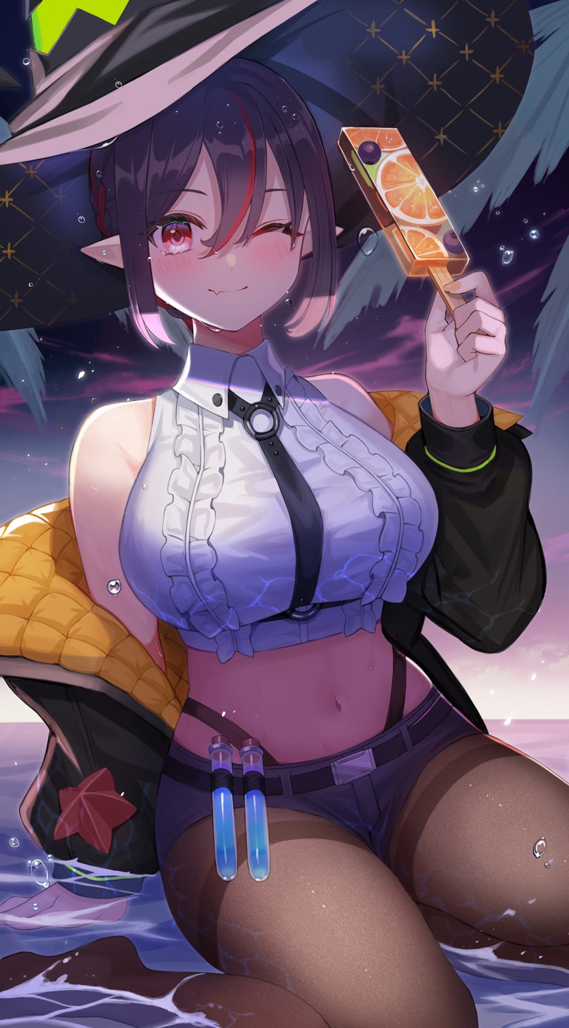 amahara_subaru, indie_virtual_youtuber, isonade_orca, open_shirt, pantyhose, pointy_ears, wet, witch