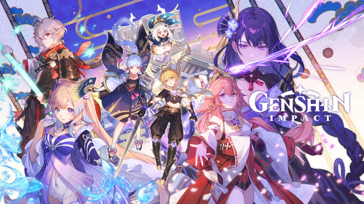 aether, armor, genshin_impact, japanese_clothes, kaedehara_kazuha, kamisato_ayaka, nakahara, paimon