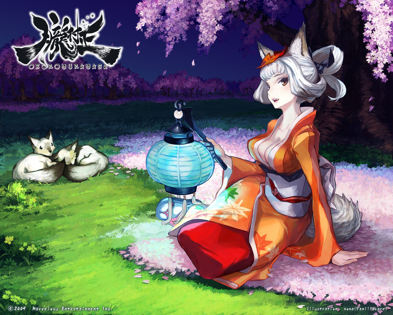 animal_ears, cleavage, kimono, kongiku, oboro_muramasa, shigatake, wallpaper