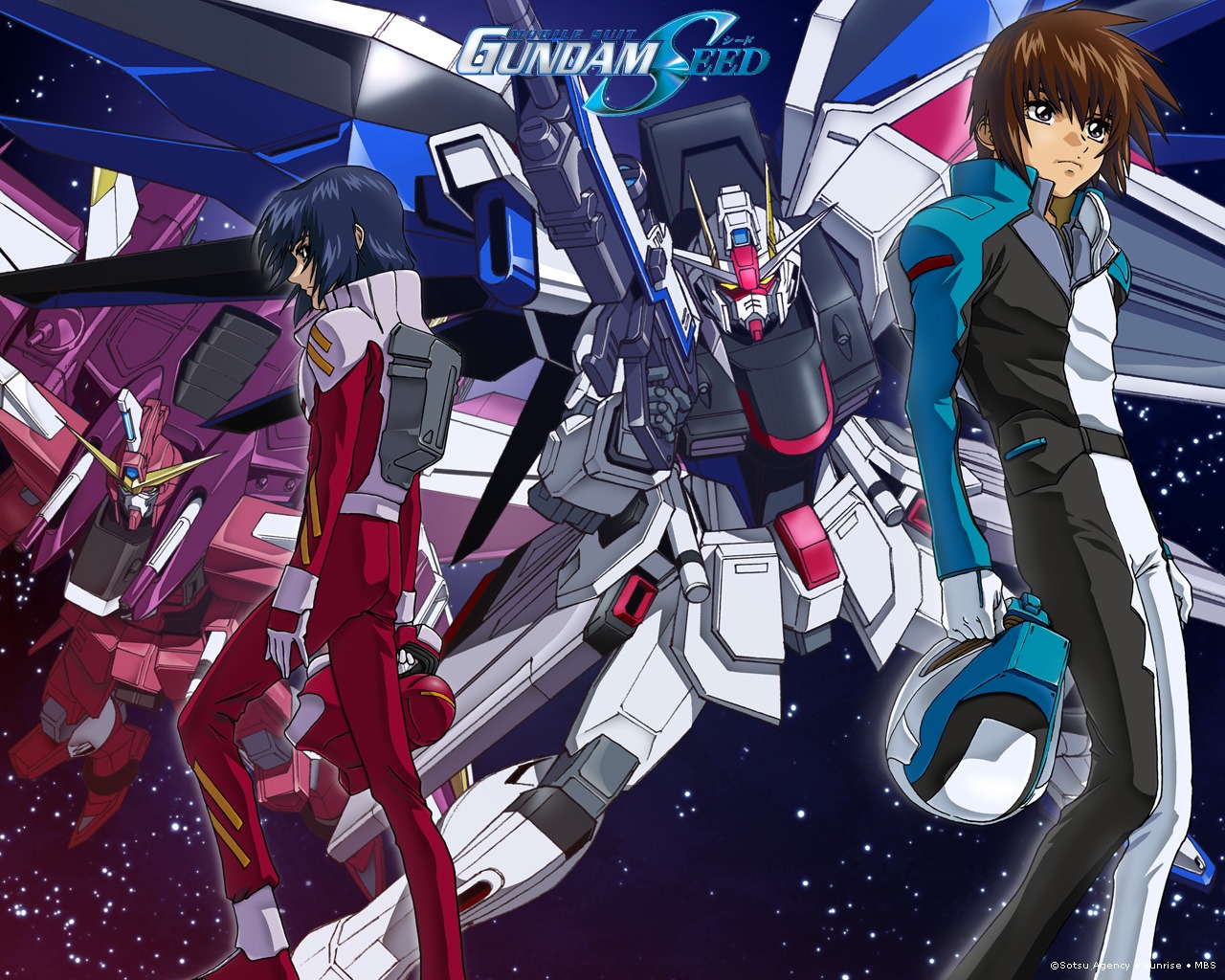 athrun_zala, bodysuit, freedom_gundam, gun, gundam, gundam_seed, hirai_hisashi, justice_gundam