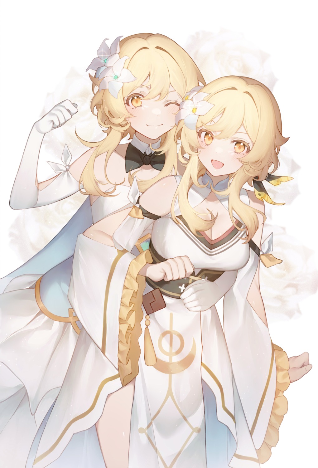cleavage, dress, genshin_impact, lumine, tia_(tia_1207)