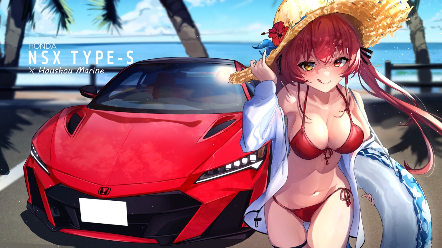bikini, garter, heterochromia, hololive, houshou_marine, open_shirt, swimsuits, wallpaper, you'a
