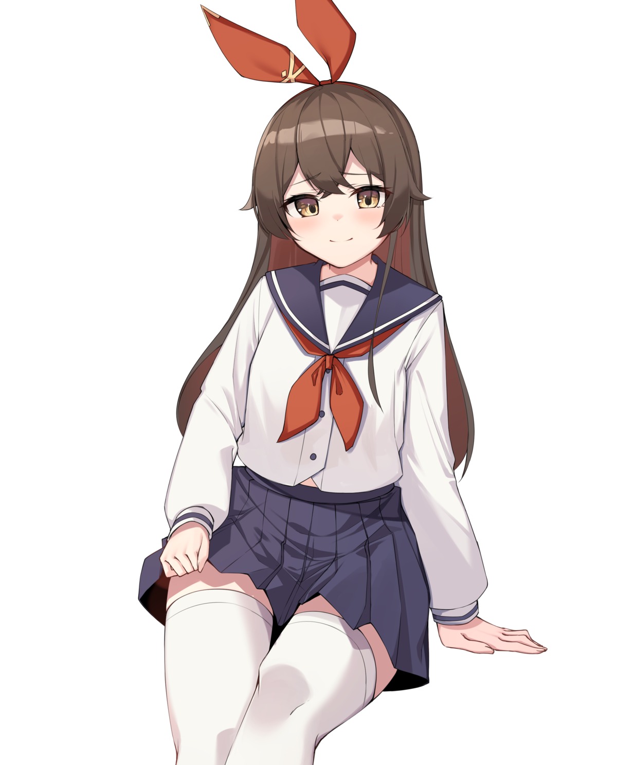 amber_(genshin_impact), genshin_impact, seifuku, skirt_lift, thighhighs, ziro_(zirorong)