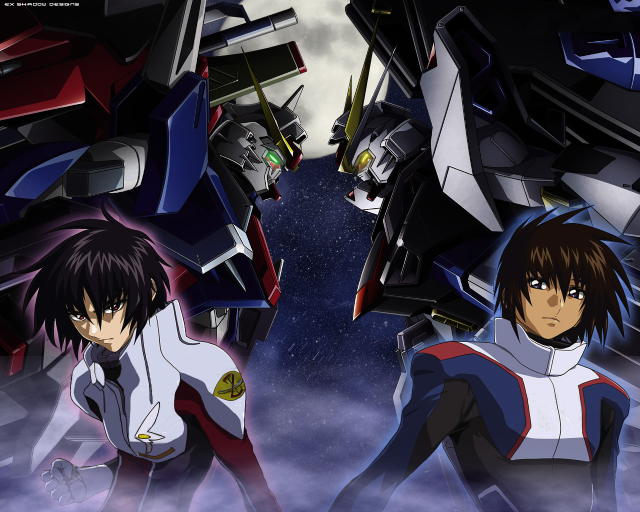 bodysuit, destiny_gundam, gundam, gundam_seed, gundam_seed_destiny, hirai_hisashi, kira_yamato, male, mecha, shinn_asuka, strike_freedom_gundam, wallpaper