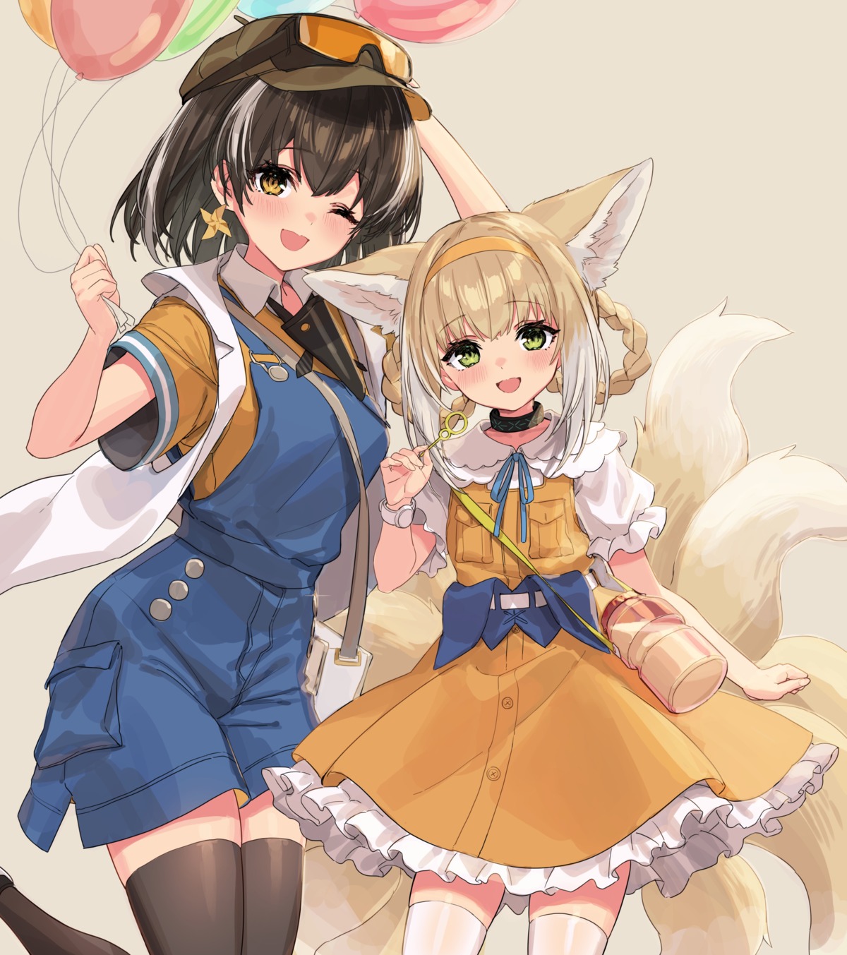 animal_ears, arknights, dress, kitsune, magallan_(arknights), overalls, sigma99, suzuran_(arknights), tail, thighhighs