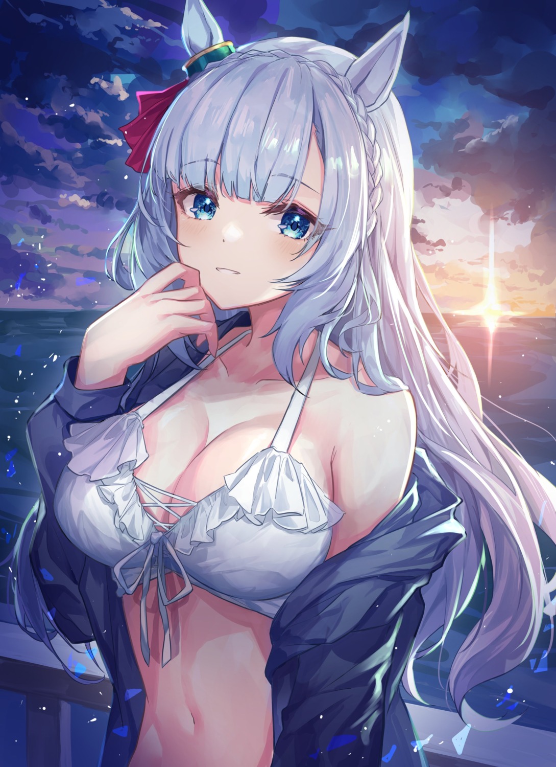 animal_ears, bikini_top, cleavage, mejiro_ardan_(umamusume), open_shirt, shino_sto, swimsuits, uma_musume_pretty_derby
