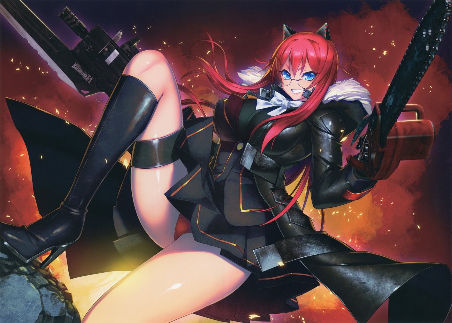 blood, chainsaw, garter, gun, heels, kibanohara_ethica, megane, nitroplus, oosaki_shinya, pantsu, skirt_lift, tokyo_necro, weapon
